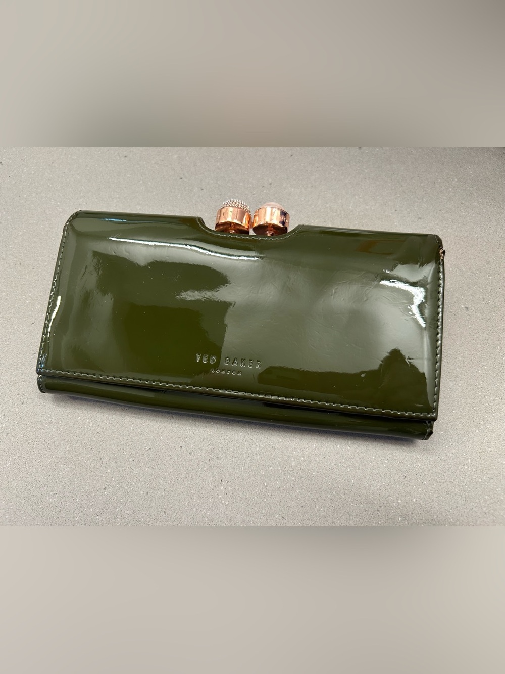 Ted Baker Olive Green Patent Clutch with crystal and pearl kiss lock